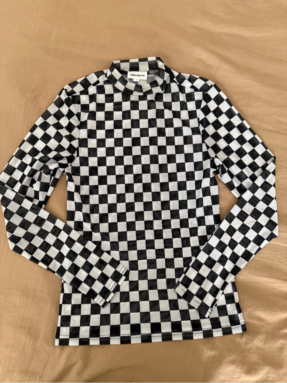 superdown Black & White Checkerboard Long Sleeve Top